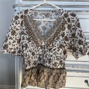 LOFT Cream and Brown Floral Blouse